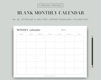 Tom månadskalender, utskrivbar kalender, odaterad månadsplanerare, direktnedladdning, A4/A5/Letter/Halvstorlekar