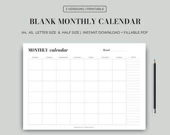 Tom månadskalender, utskrivbar kalender, odaterad månadsplanerare, direktnedladdning, A4/A5/Letter/Halvstorlekar
