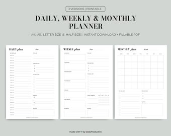 Dagelijkse, wekelijkse en maandelijkse planner, productiviteitsplanner, dagelijks schema, direct downloaden, A4 / A5 / brief / halve maten