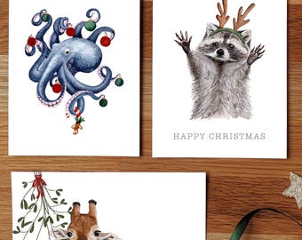 Weihnachtskarten – Handgemalte Aquarell Tiermotive (Oktopus, Giraffe, Waschbär) | Weihnachtskarte einzeln oder 3er Set | Grußkarten
