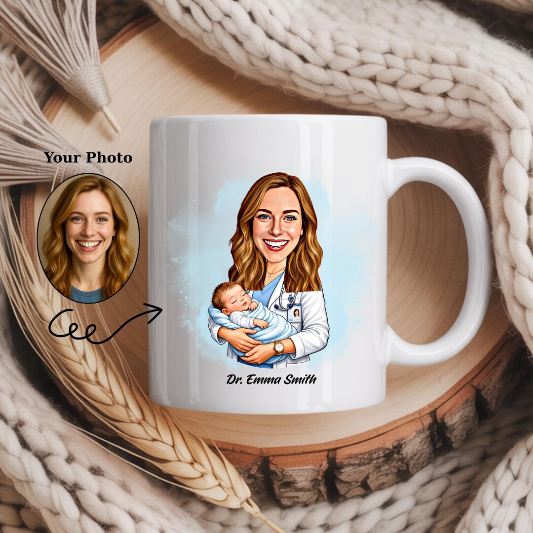 Custom Obstetrician Cartoon Portrait Drawing Mug: Female Gynecologist ...