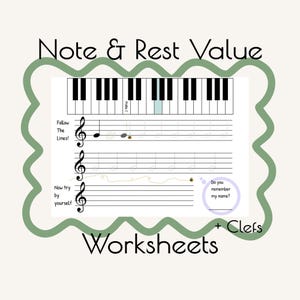 Pode incluir: Uma folha de exercícios de música intitulada Note & Rest Value + Clefs com um diagrama de teclado de piano, claves de sol, pautas e exercícios de traçado. A página inclui textos como Follow The Lines, Now try by yourself e Do you remember my name? com ilustrações de abelhas.
