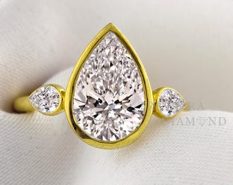 3 Carat Pear Cut Three Stone Ring / Lab Grown Three Stone Wedding Ring / Bezel Set Pear Lab Diamond Engagement Ring / IGI Certified Diamond
