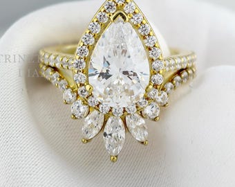 2 Carat Pear Cut Halo Wedding Ring Set / Lab Grown Diamond Cluster Engagement Ring / Ring Of Two Set / Anniversary Ring /IGI Certified Gift