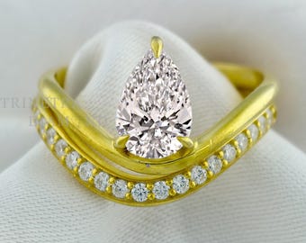 1 Carat Pear Cut Tension Set Wedding Ring / Lab Grown Diamond Bridal Set / Ring Of Two Set / Anniversary Gift For Her/ Wedding Bridal Set