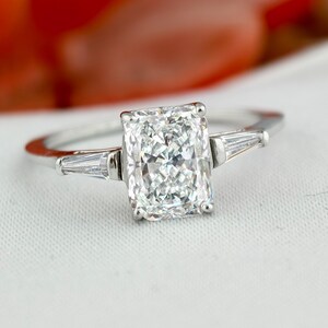Radiant & Baguette Lab Grown Diamond Engagement Ring: 14K White Gold Three Stone
