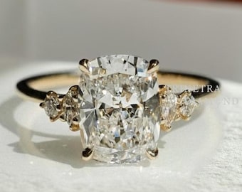 3 Carat Cushion Cut Lab Diamond Engagement Ring / Five Stone Wedding Engagement Ring / Side Marquise And Round Diamond Ring / Gift For Her