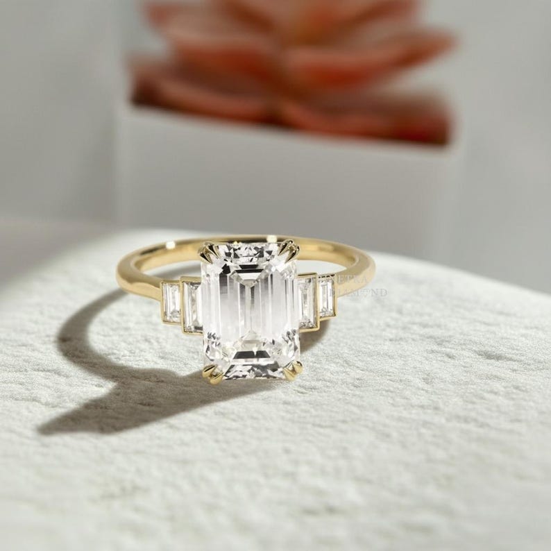 3 Carat Emerald Cut Lab Grown Diamond Engagement Ring / Five Stone ...