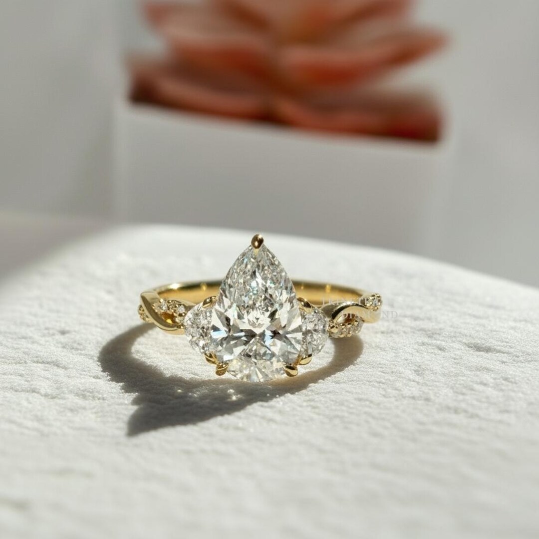 5 Carat Pear Cut Lab Diamond Engagement Ring / Tear Drop Three Stone ...