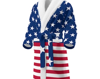 Bata de baño de polar con la bandera de Estados Unidos (EE. UU.) • Bata con estampado integral • Forro de sherpa • Ropa de estar por casa con orgullo estadounidense