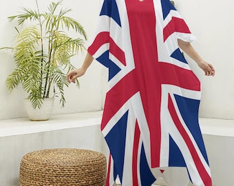 Szlafrok typu kaftan unisex z flagą Wielkiej Brytanii • Narzutka plażowa z flagą Union Jack • Lekka sukienka letnia z dekoltem w serek