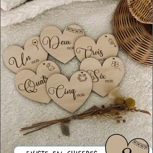 Lot de cartes étapes bébé - Chiffres ou Lettres - RECTO/VERSO - 12 mois  - modèle Coeur + 1 carte en cadeau !