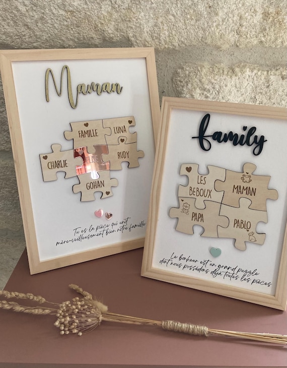 Wall decoration - Personalized wooden frame - Puzzle - Family - Names - Gift - Mom