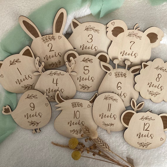 Set of 12 or 15 baby milestone cards (months, weeks) Animal model - Cat, Koala, Whale, Rabbit, Fox, Giraffe... + 1 First Name card as a gift