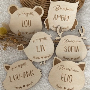 Carte naissance bébé personnalisée en bois | carte bienvenue, Cadeau de Naissance. Animaux. Ourson, hibou, oiseau, renard, chat, renne.