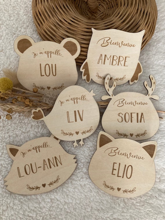Personalized wooden baby birth card | Welcome card, Birth gift. Animals. Bear, owl, bird, fox, cat, reindeer.