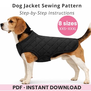 May include: A black quilted dog jacket on a Beagle. The jacket is designed with a diamond pattern and covers the dog's back and chest. Text on the image reads "Dog Jacket Sewing Pattern" and "8 sizes XXS-XXXL". The image also includes "PDF • INSTANT DOWNLOAD".