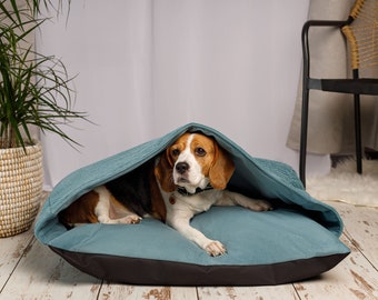 Snuggle Dog Cave Bed, Dog Pillow with Hood, Pet Bed for Large Medium Dogs, Dog Cave with Washable Removable Cover, Dog Bed with Blanket