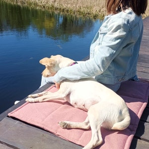 Peut inclure: Une personne assise sur une jet&eacute;e en bois avec un chien blanc. Le chien est allong&eacute; sur un lit pour chien rose. La personne porte une veste en jean bleue et le chien regarde l'eau.
