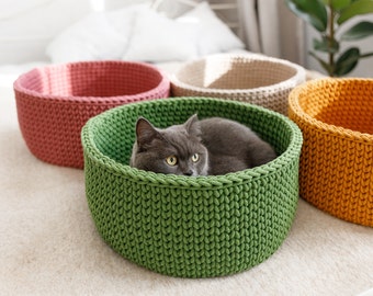 Crochet Basket Cat Bed, Cotton Cord Cat Nest, Chunky Cat Basket, Cute Cat Furniture, Cat Cave, Cat Lover Gift