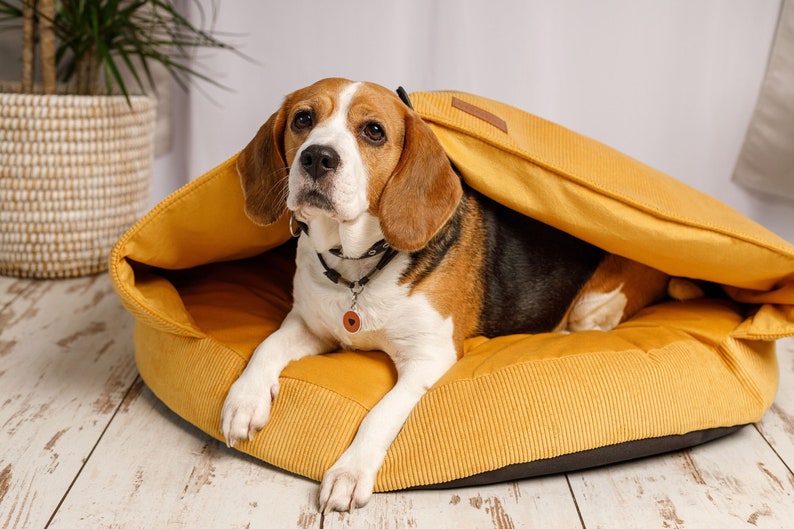 Dog Cave Bed Round, Calming Dog Bed, Washable Dog Bed, Pet Bed with Removable Cover, Hooded Dog Bed, Snuggery Burrowing Cave image 1