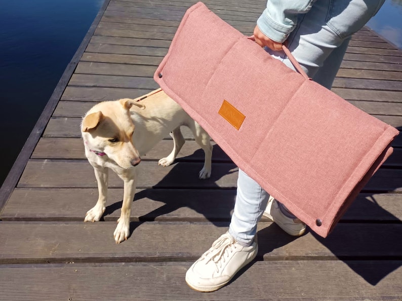 Peut inclure: Un lit pour chien rose, pliable et rembourr&eacute; avec une poign&eacute;e en cuir marron. Le lit est enroul&eacute; et port&eacute; par une personne.