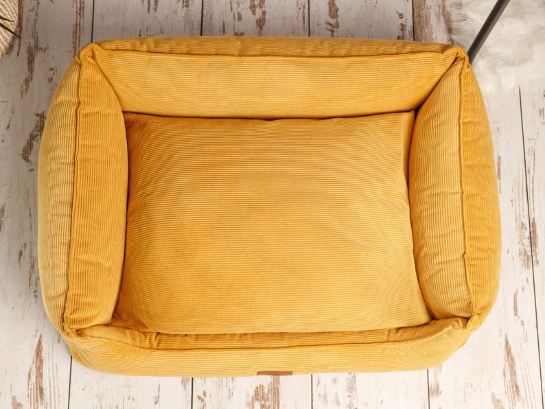 yellow corduroy dog bed with removable and washable cover