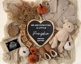 Fall Digital Pregnancy Announcement gender neutral, baby announcement for Instagram and Facebook, Minimalist, Pumpkin themed.