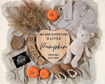 Fall Digital Pregnancy Announcement gender neutral, baby announcement for Instagram and Facebook, Minimalist, Pumpkin themed.