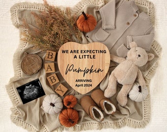 Fall Digital Pregnancy Announcement gender neutral, baby announcement for Instagram and Facebook, Minimalist, Pumpkin themed.