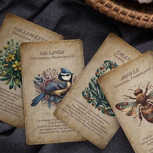 May include: A collection of vintage-style oracle cards with botanical and animal illustrations. The cards feature images of a blue bird, a bee, and various plants, with French text. The cards are arranged on a dark gray fabric.