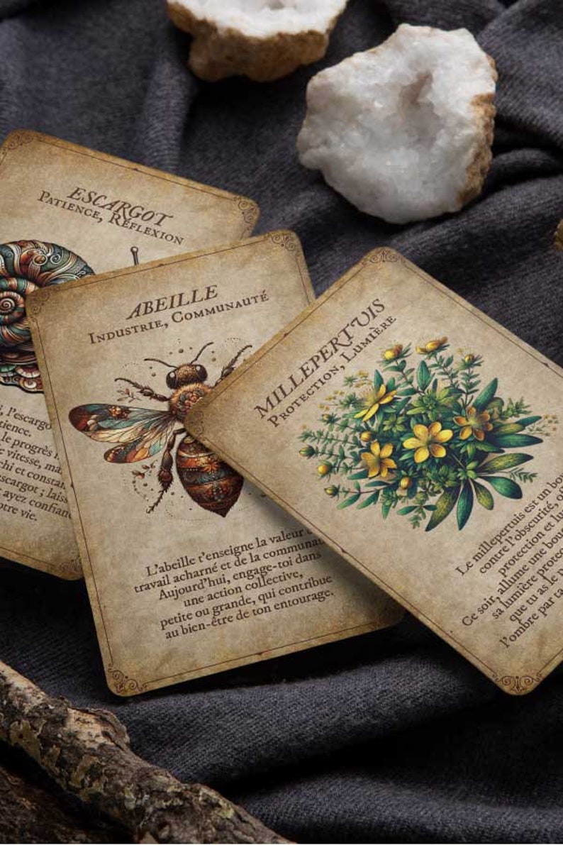 May include: Three vintage-style oracle cards with illustrations of a snail, a bee, and a bouquet of yellow flowers. The cards have French text, including "ESCARGOT," "ABEILLE," and "MILLEPERTUIS."