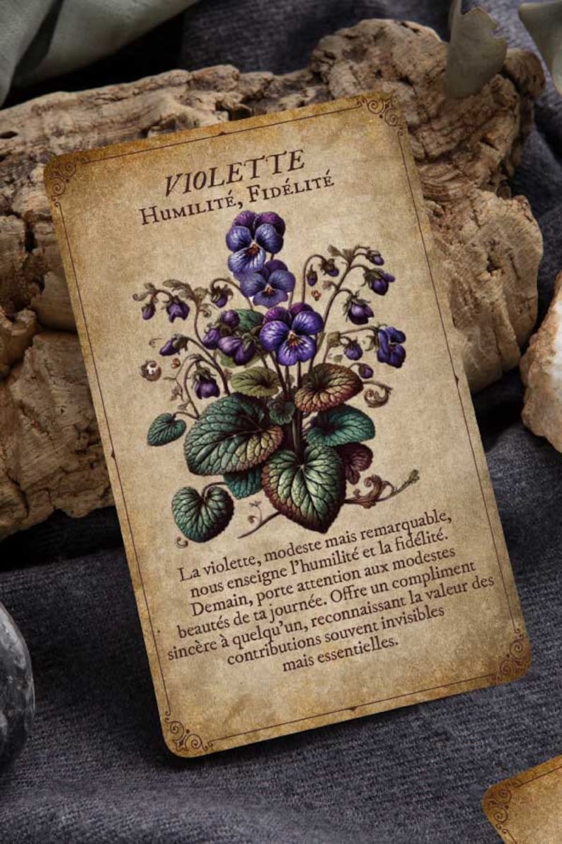 May include: A vintage-style card featuring a botanical illustration of purple violets with green leaves. The card has text in French: "VIOLETTE, HUMILIT&Eacute;, FID&Eacute;LIT&Eacute;" and a longer descriptive paragraph. The card has a decorative border and a sepia tone.