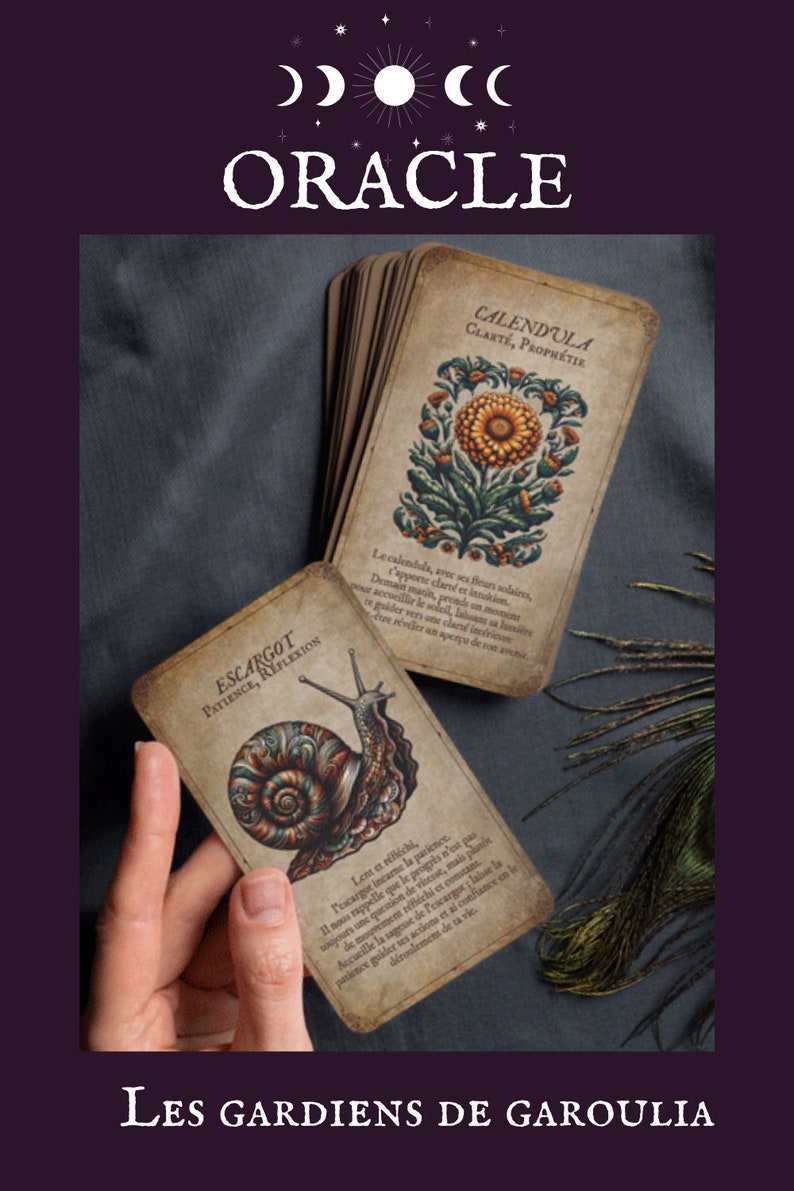 May include: Oracle card deck featuring botanical illustrations and French text. The cards display images of a marigold flower and a snail, with the words "CALENDULA" and "ESCARGOT" visible. The deck is set against a dark purple background.