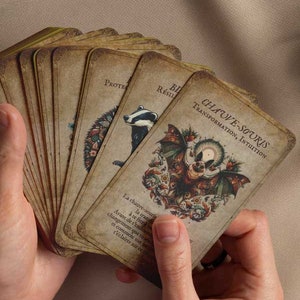 May include: A deck of tarot cards with vintage-style illustrations. The cards feature images of a hedgehog, a badger, and a bat with the words "Transformation, Intuition" and French text. The cards are held in a person's hands.