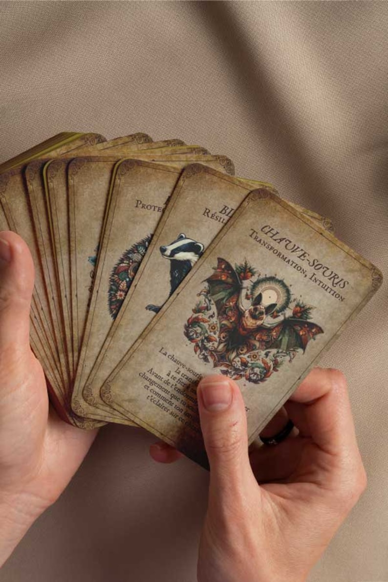 May include: A deck of tarot cards with vintage-style illustrations. The cards feature images of a hedgehog, a badger, and a bat with the words "Transformation, Intuition" and French text. The cards are held in a person's hands.