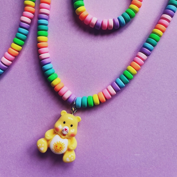 Collier Funky Care Bear/arc-en-ciel/pastel/y2k/80s