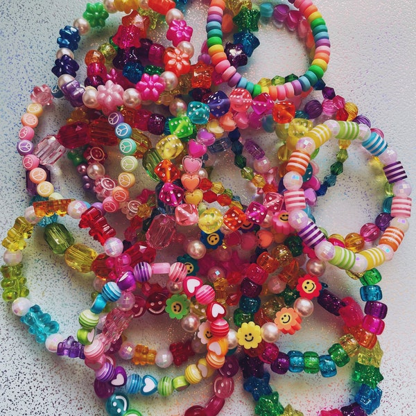 Fun bead bracelets/wrist candy/kandi/smiley/rainbow/jelly/glitter/gem/party bag filler/wedding favours