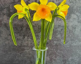 Handmade Glass Daffodils in Vase, Floral Gift