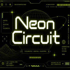 Neon Circuit Display-lettertype Y2K futuristisch digitaal lettertype voor Cyber Tech Electric-logo