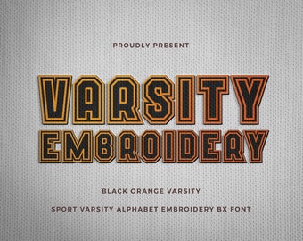 Varsity-borduurlettertype, modern lettertype, sportlettertype - atletisch lettertype met Varsity zwart oranje borduurlettertype voor sportieve ontwerpprojecten