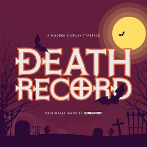 May include: A dark red background with a stylized font that reads "DEATH RECORD" in orange and white. The font is a modern display typeface. The background features a yellow moon with a bat flying in front of it. There are also silhouettes of trees and a graveyard in the background.