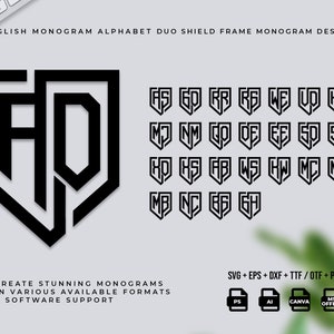 May include: A black and white graphic design of a monogram alphabet in a shield frame. The letters are in a duo shield frame design. The letters are A and D. The image includes the text "ENGLISH MONOGRAM ALPHABET DUO SHIELD FRAME MONOGRAM DESIGN".