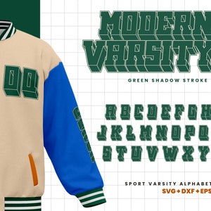 Może przedstawiać: Zielony alfabet liter varsity z efektem 3D i zielonym cieniowaniem. Litery są wielkimi literami i są ułożone w kolejności alfabetycznej. Tekst "MODERN VARSITY" znajduje się u góry obrazu, a tekst "GREEN SHADOW STROKE" znajduje się pod literami. Tekst "SPORT VARSITY ALPHABET" znajduje się na dole obrazu, a tekst "SVG+DXF+EPS" znajduje się pod nim.