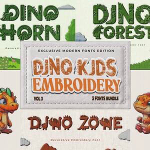 Dino Embroidery Fonts Bundle, Kids Art (bx, dst, exp, hus, jef, pes, vp3, xxx)