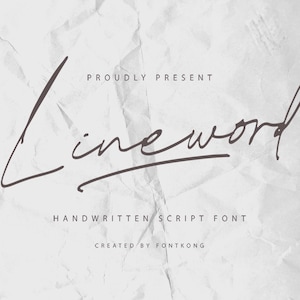 Peut inclure: Fond gris clair avec le mot "Lineword" écrit dans une police manuscrite. Les textes "PROUDLY PRESENT" et "HANDWRITTEN SCRIPT FONT" sont au-dessus et en dessous du texte principal. Le texte "CREATED BY FONKONG" est en bas.