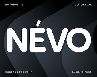 May include: White "NÉVO" logo font on a dark gray background with curved shapes. The word "INTRODUCING" is at the top left, and "MULTILINGUAL" is at the top right. The text "MODERN LOGO FONT" and "BY KONG FONT" are at the bottom.