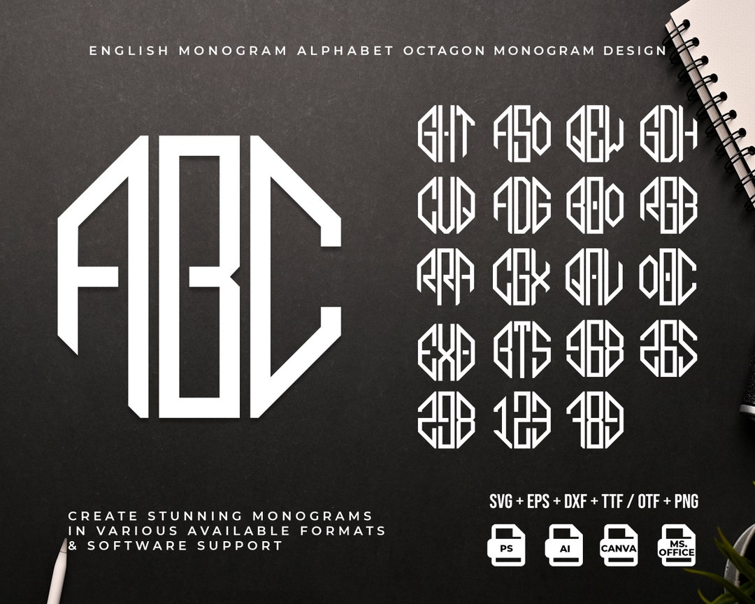 Octagon Monogram Font, Modern Initial (svg, Dxf, Eps, Png, Otf, Ttf ...