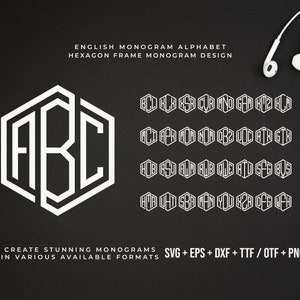 May include: A black and white graphic design of the English alphabet in a hexagon frame monogram design. The letters are in uppercase and are arranged in a grid pattern. The text "ENGLISH MONOGRAM ALPHABET" and "HEXAGON FRAME MONOGRAM DESIGN" is at the top of the image. The text "CREATE STUNNING MONOGRAMS SVG + EPS + DXF + TTF / OTF + PNG" and "IN VARIOUS AVAILABLE FORMATS" is at the bottom of the image.
