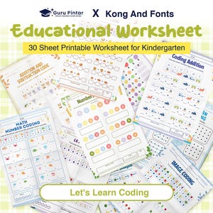 Puede incluir: Una colección de hojas de trabajo educativas imprimibles para jardín de infancia. Las hojas de trabajo presentan ilustraciones coloridas y texto, incluyendo "Educational Worksheet", "Addition and Subtraction Code" y "Math Number Coding". El texto "Let's Learn Coding" también es visible.